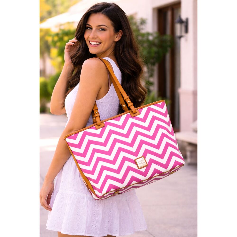 Dooney & Bourke Pink White Chevron Tote Bag Leather Tote Bag GUC